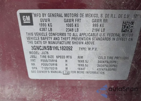 2017 Chevrolet Trax Ls из США, поврежденный, VIN 3GNCJNSB1HL182092